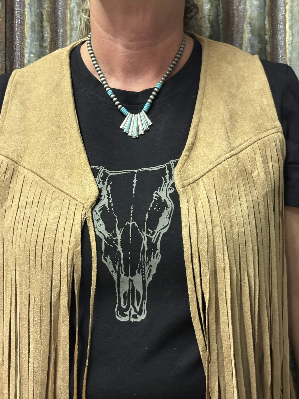 Western Turquoise Inlay Fan Pendant Necklace