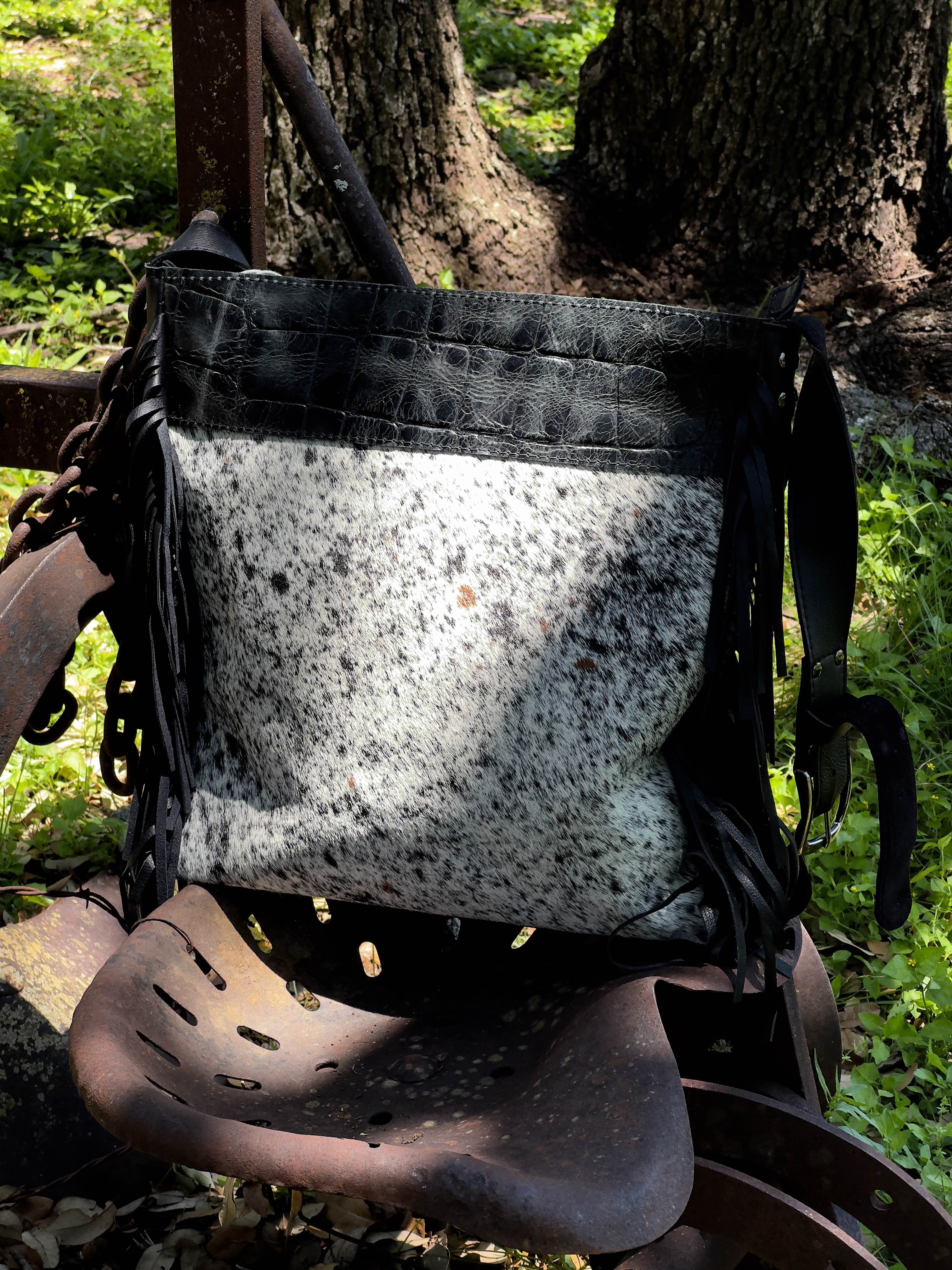 Large Cowhide and Black Leather Bag
