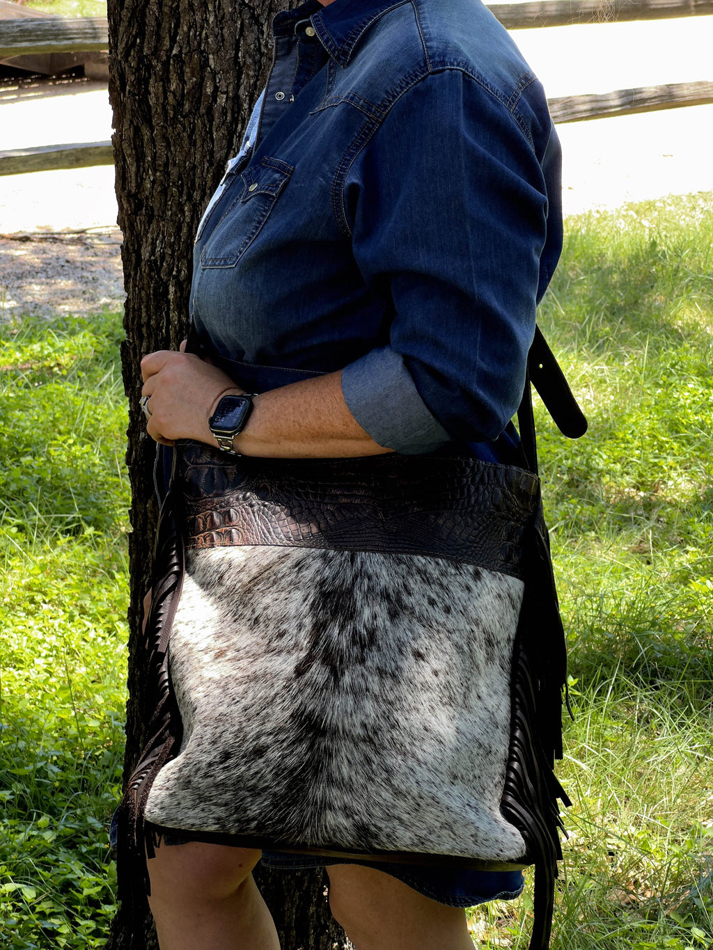 Large Cowhide Purse with Brown Leather